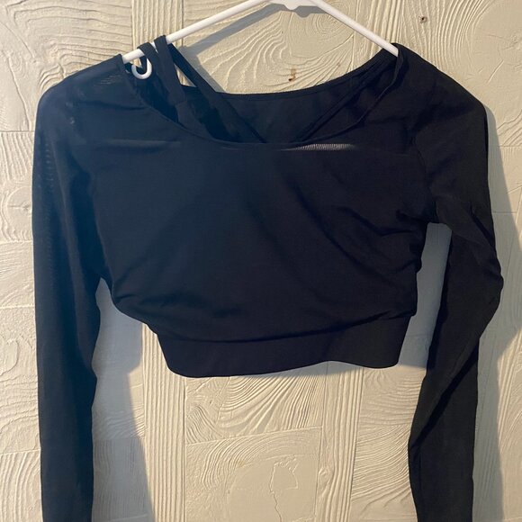 Women's Black Mesh Long Sleeved Crop Top - Picture 1 of 7